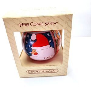 Vintage Hallmark Designer Keepsake Glass Christmas Ornament  " Here Comes Santa